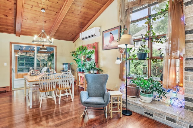 4 Sauer Ter, Durham, NH 03824 - dining space featuring a wall unit AC, wood finished floors, a chandelier, a wood ceiling with exposed beams, and high vaulted ceiling
