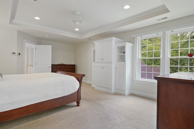 4 Chablis Ct, Bedford, NH 03110 - bedroom with a tray ceiling, light colored carpet, ornamental molding, recessed lighting, and ceiling fan