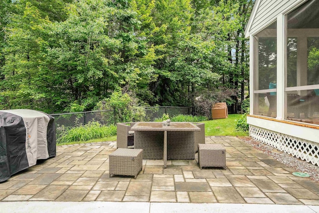 4 Chablis Ct, Bedford, NH 03110 - fenced backyard with outdoor dining area, a patio area, a sunroom, and a grill