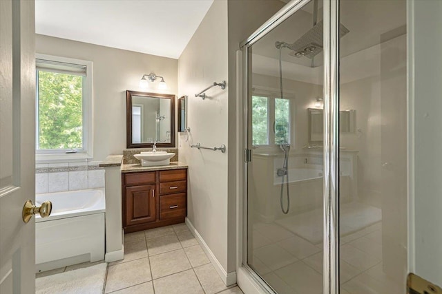 473 Brennan Woods Dr, Williston, VT 05495 - full bathroom featuring vanity, a stall shower, tile patterned floors, and a bath