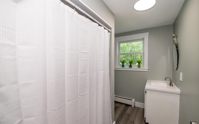 33 Hillside Rd, Kingston, NH 03848 - full bathroom featuring baseboard heating, wood finished floors, vanity, and a shower with shower curtain