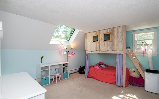 33 Hillside Rd, Kingston, NH 03848 - carpeted bedroom with a skylight, baseboard heating, lofted ceiling, and a textured ceiling