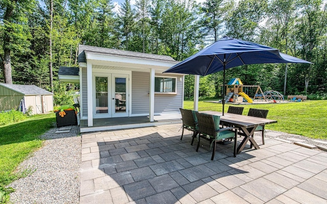 33 Hillside Rd, Kingston, NH 03848 - view of patio with an outbuilding, a playground, and outdoor dining area