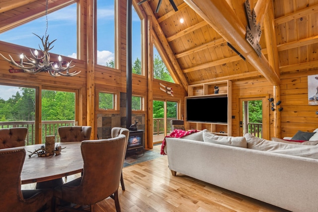 1 Peak Vista Ln, Madison, NH 03849 - living room featuring a wood stove, high vaulted ceiling, wooden walls, a chandelier, and healthy amount of natural light