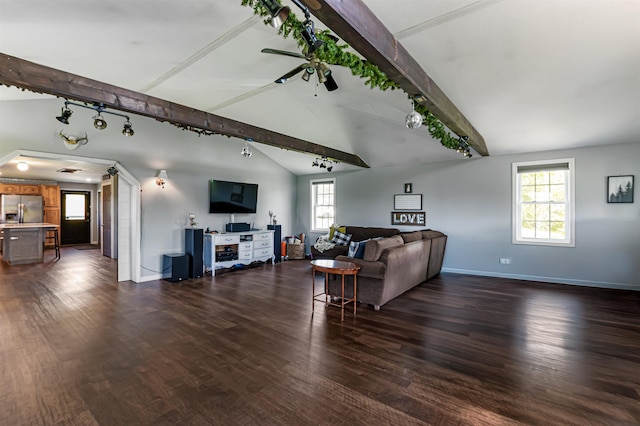 174 E Colebrook Rd, Colebrook, NH 03576 - living area featuring track lighting, dark wood-style flooring, and ceiling fan