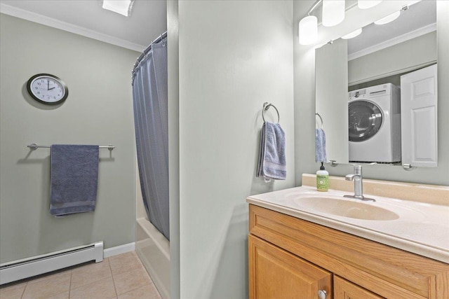 8 Kristen Ct, Williston, VT 05495 - full bathroom featuring a baseboard heating unit, ornamental molding, tile patterned flooring, vanity, and shower / bathtub combination with curtain