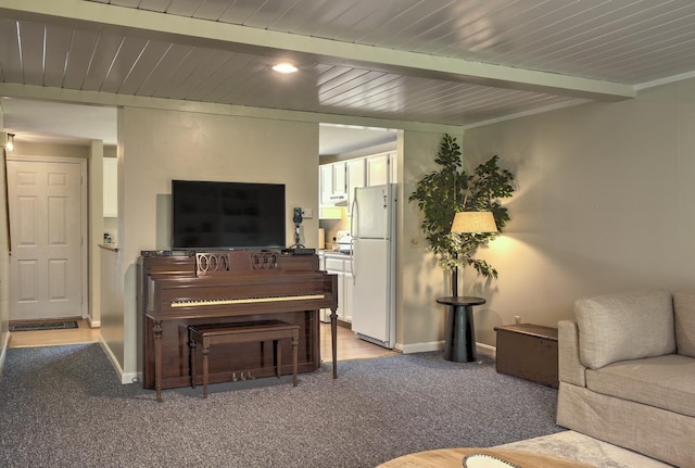 38C Stonehouse Ln, Keene, NH 03431 - living room featuring light carpet and a wooden ceiling with exposed beams