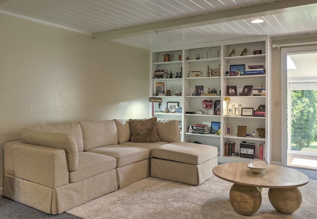 38C Stonehouse Ln, Keene, NH 03431 - living area featuring carpet flooring, a wooden ceiling with exposed beams, and built in features