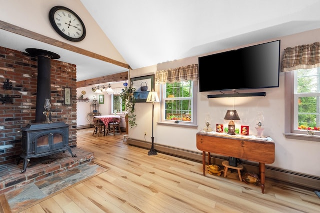 85 Lakeview Ave, Bristol, NH 03222 - living area with a wood stove, wood finished floors, and lofted ceiling