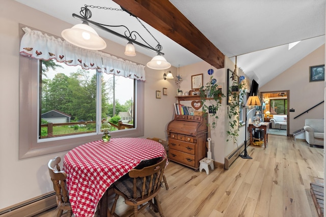 85 Lakeview Ave, Bristol, NH 03222 - dining area featuring a baseboard radiator, light wood finished floors, and beam ceiling