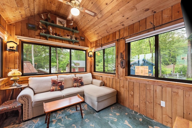 85 Lakeview Ave, Bristol, NH 03222 - sunroom with wooden walls, lofted ceiling, carpet floors, and wood ceiling