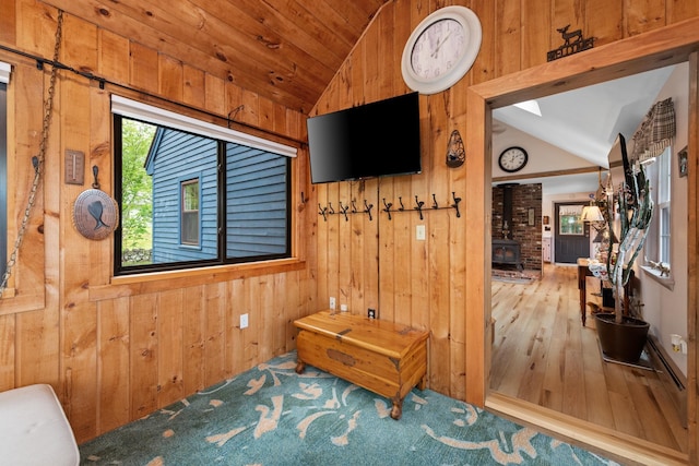 85 Lakeview Ave, Bristol, NH 03222 - sitting room featuring lofted ceiling, wooden walls, and a wood stove