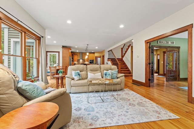 10 Benjamins Way, Hollis, NH 03049 - living room featuring stairway, wood finished floors, and recessed lighting