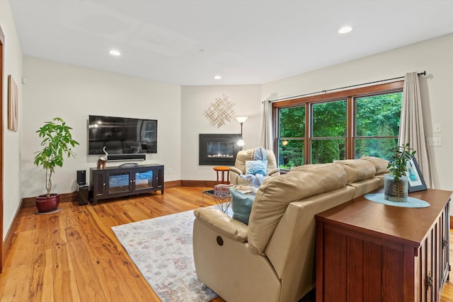 10 Benjamins Way, Hollis, NH 03049 - living area featuring light wood-style flooring, a glass covered fireplace, and recessed lighting