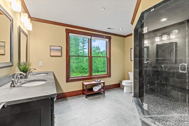 10 Benjamins Way, Hollis, NH 03049 - bathroom featuring ornamental molding, double vanity, a stall shower, tile patterned flooring, and recessed lighting