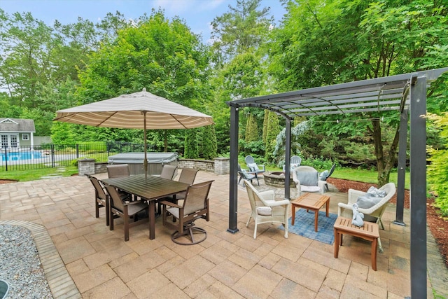 10 Benjamins Way, Hollis, NH 03049 - view of patio with outdoor dining area, a fire pit, a pergola, and an outbuilding