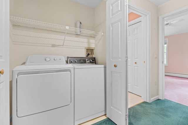 1465 Hooksett Rd Unit 209, Hooksett, NH 03106 - laundry area with light colored carpet, washing machine and dryer, baseboard heating, and ceiling fan