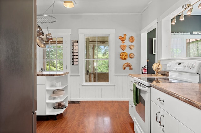 91 Robert Ln, Plainfield, VT 05667 - kitchen featuring white range with electric cooktop, open shelves, dark wood-type flooring, white cabinets, and wainscoting