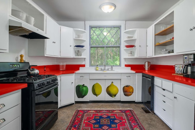 4 Fairbourne Ln, York, ME 03902 - kitchen with black range with gas stovetop, open shelves, white cabinetry, and wall chimney exhaust hood
