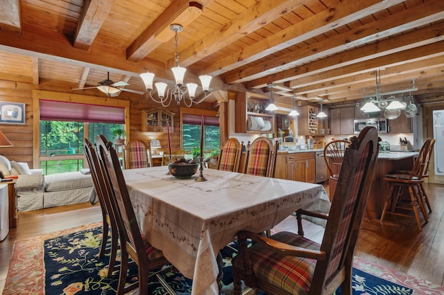 7 Reidy Way, Littleton, NH 03561 - dining area with light wood-style floors, a wood ceiling with exposed beams, and a chandelier