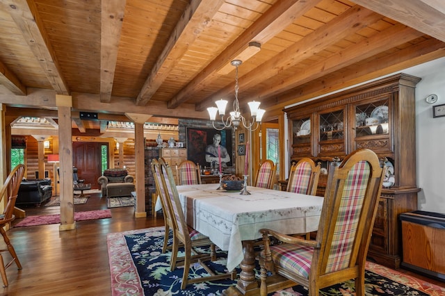 7 Reidy Way, Littleton, NH 03561 - dining space with a chandelier, wood finished floors, and a wood ceiling with exposed beams