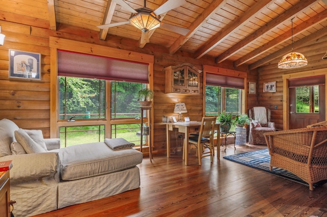 7 Reidy Way, Littleton, NH 03561 - living room featuring wood ceiling, wood-type flooring, and a ceiling fan