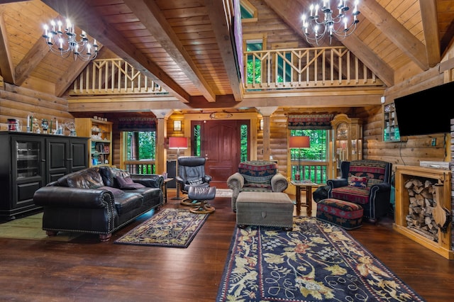 7 Reidy Way, Littleton, NH 03561 - living area with a chandelier, a wood ceiling with exposed beams, high vaulted ceiling, hardwood / wood-style floors, and rustic walls