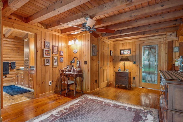 7 Reidy Way, Littleton, NH 03561 - interior space with hardwood / wood-style floors, a wood ceiling with exposed beams, and a ceiling fan