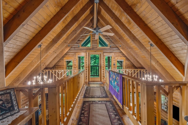 7 Reidy Way, Littleton, NH 03561 - hall featuring a chandelier, wood ceiling, hardwood / wood-style floors, and an upstairs landing