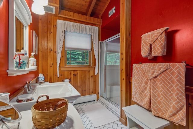 7 Reidy Way, Littleton, NH 03561 - full bathroom with wooden walls, wood ceiling, a baseboard radiator, and a shower stall