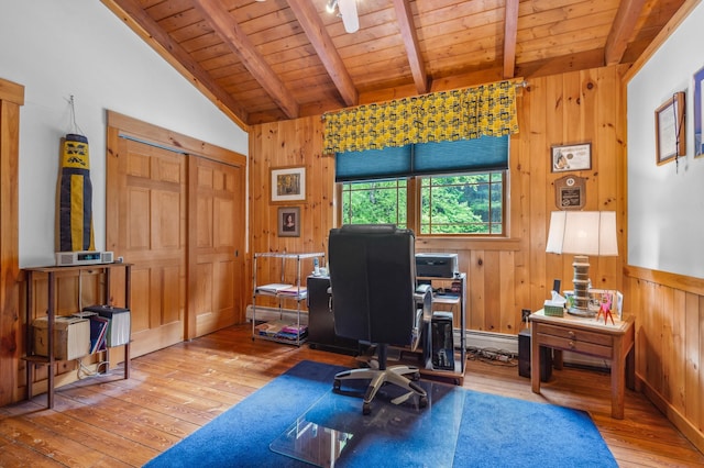 7 Reidy Way, Littleton, NH 03561 - home office with wood walls, hardwood / wood-style floors, wooden ceiling, and a baseboard radiator