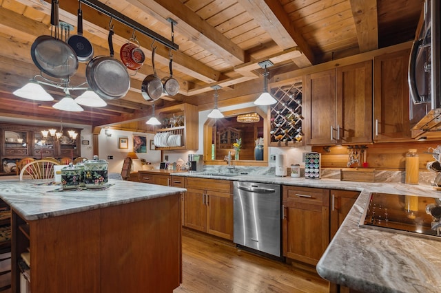 7 Reidy Way, Littleton, NH 03561 - kitchen with stainless steel appliances, a wooden ceiling with exposed beams, brown cabinets, a chandelier, and light wood finished floors