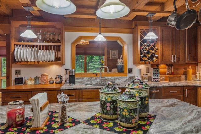 7 Reidy Way, Littleton, NH 03561 - kitchen with brown cabinets, wood ceiling, healthy amount of natural light, light stone counters, and pendant lighting
