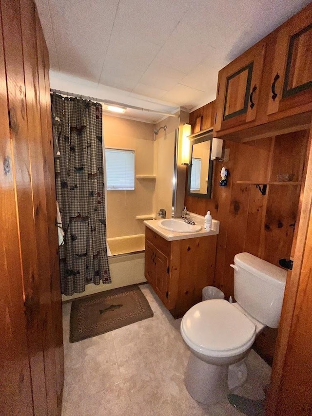 124 Spooner Rd, Pittsburg, NH 03592 - bathroom featuring vanity, shower / bathtub combination with curtain, and wooden walls