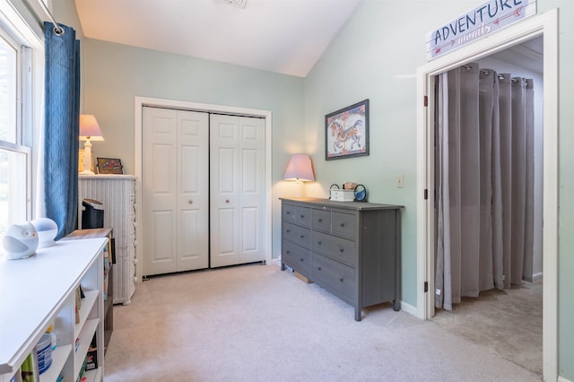 19 Village Falls Way, Merrimack, NH 03054 - bedroom with light carpet, lofted ceiling, and a closet