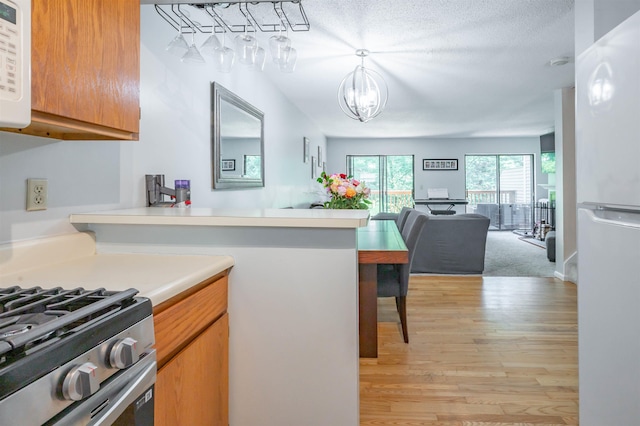 19 Village Falls Way, Merrimack, NH 03054 - kitchen with freestanding refrigerator, light wood finished floors, open floor plan, light countertops, and a textured ceiling