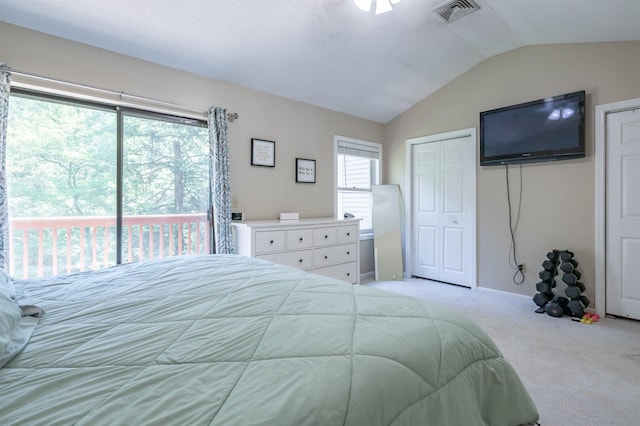 19 Village Falls Way, Merrimack, NH 03054 - bedroom featuring access to outside, vaulted ceiling, and carpet floors