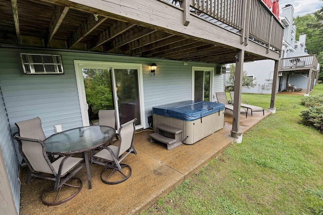 53 Evergreens Dr Unit 3, Laconia, NH 03246 - wooden terrace featuring a hot tub, a lawn, a patio, an AC wall unit, and outdoor dining space