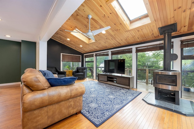 12 Water Rd, Goffstown, NH 03045 - living room featuring a skylight, a wood stove, wood ceiling, vaulted ceiling, and hardwood / wood-style flooring