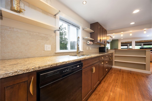 12 Water Rd, Goffstown, NH 03045 - kitchen with black dishwasher, open shelves, plenty of natural light, decorative backsplash, and recessed lighting