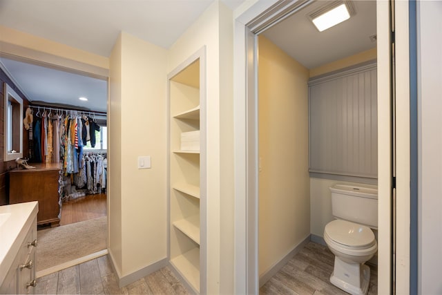12 Water Rd, Goffstown, NH 03045 - bathroom with vanity, wood finished floors, a walk in closet, and built in shelves