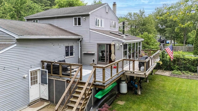 12 Water Rd, Goffstown, NH 03045 - rear view of property featuring a deck, a shingled roof, stairway, and a chimney