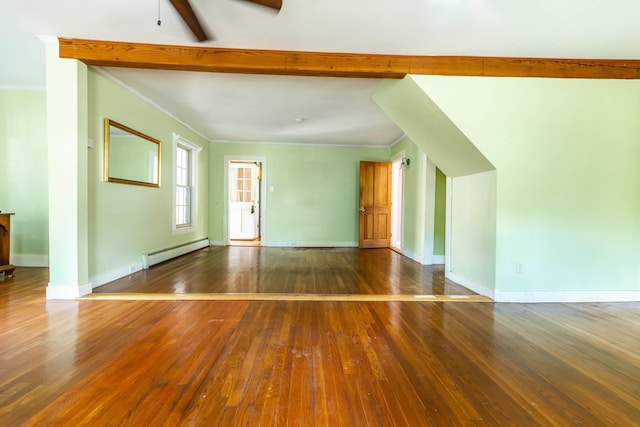 123 S Lincoln St, Keene, NH 03431 - unfurnished living room with baseboard heating, hardwood / wood-style flooring, ornamental molding, beam ceiling, and a ceiling fan