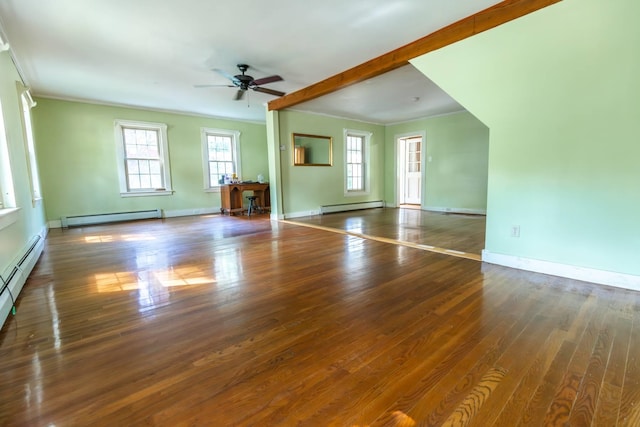 123 S Lincoln St, Keene, NH 03431 - unfurnished living room featuring a baseboard heating unit, ornamental molding, ceiling fan, wood finished floors, and beamed ceiling