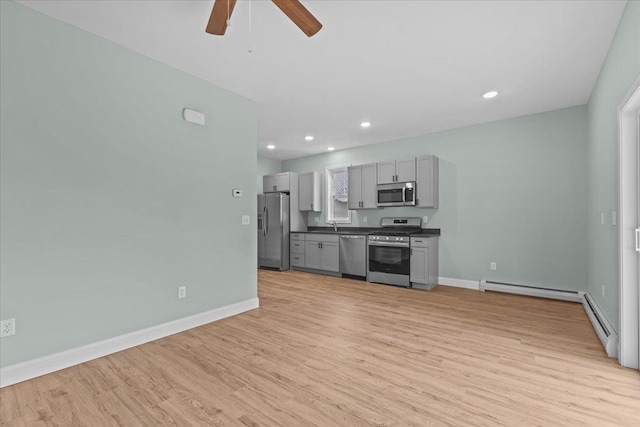 23 Ferris St Unit 102, Saint Albans City, VT 05478 - kitchen with appliances with stainless steel finishes, gray cabinetry, dark countertops, a ceiling fan, and light wood finished floors