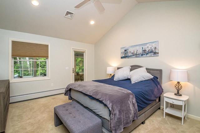 231 Grandview Rd, Conway, NH 03818 - bedroom featuring baseboard heating, light colored carpet, recessed lighting, ceiling fan, and high vaulted ceiling