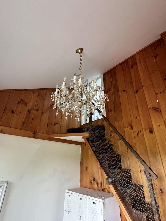 249 Ward Rd, Poultney, VT 05764 - stairway featuring wooden walls and a chandelier