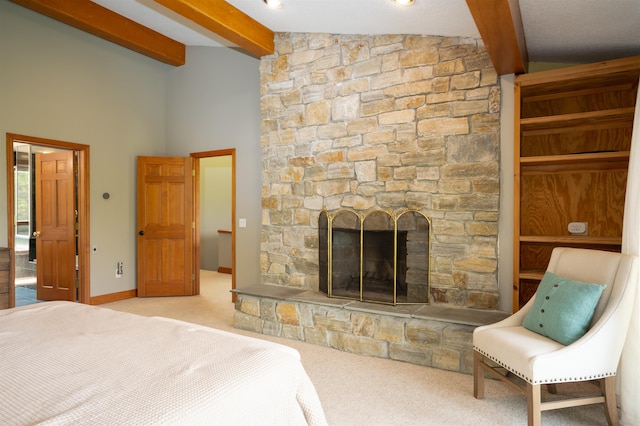 25 Benson Fuller Rd, Winhall, VT 05340 - carpeted bedroom featuring a stone fireplace and baseboards