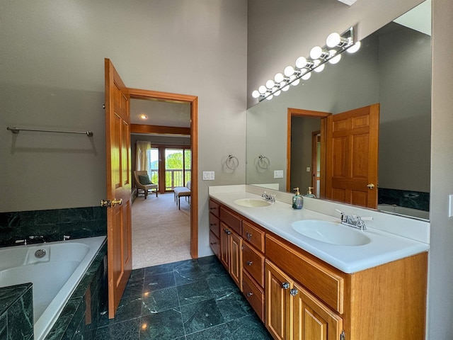 25 Benson Fuller Rd, Winhall, VT 05340 - full bathroom featuring a high ceiling, double vanity, and a garden tub