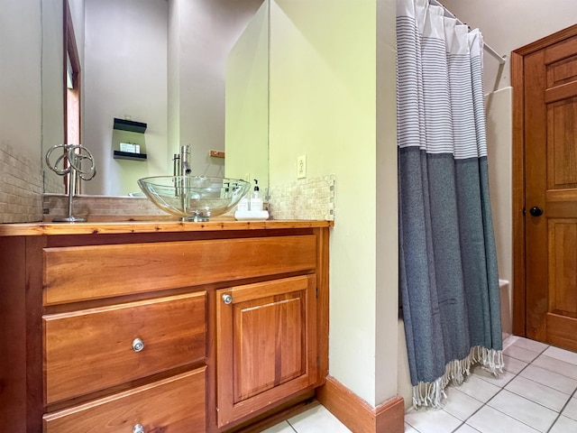 25 Benson Fuller Rd, Winhall, VT 05340 - bathroom featuring vanity, tile patterned floors, and curtained shower
